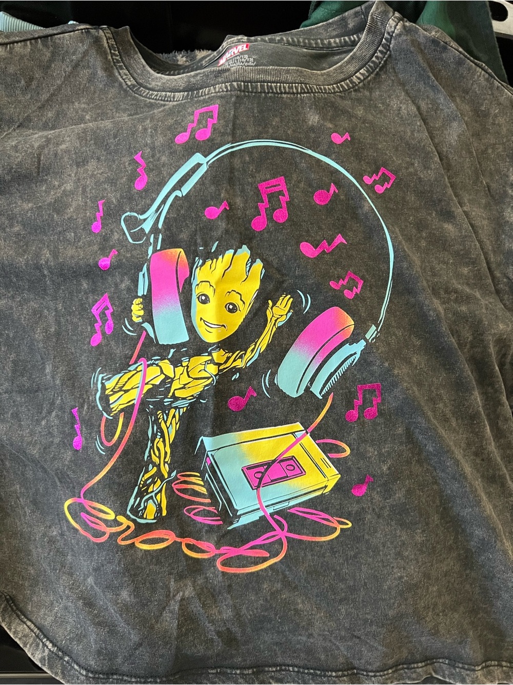 Marvel Black Tee with Neon Pink, Teal and Yellow Groot Headphones Graphic